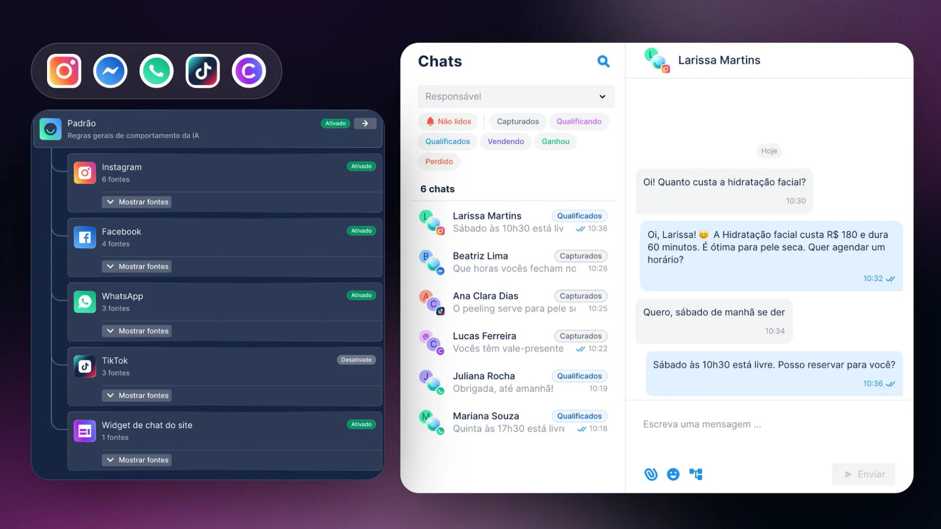 Automações do Chatfuel com Instagram, Facebook, WhatsApp, TikTok e chat do site sob a mesma configuração Padrão, ao lado da caixa Chats com conversas dos cinco canais em uma só lista