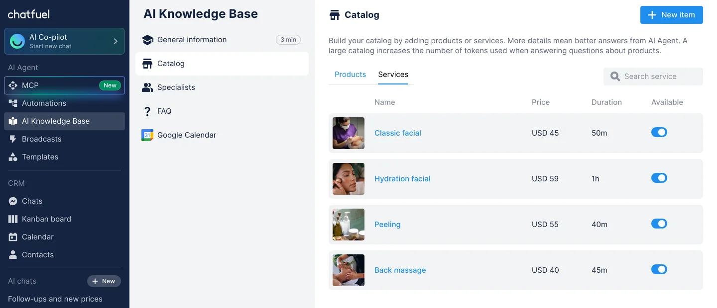 Catálogo da Base de conhecimento de IA no Chatfuel com quatro serviços de um salão de beleza, com preços e duração: Limpeza de pele, Hidratação facial, Peeling e Massagem nas costas