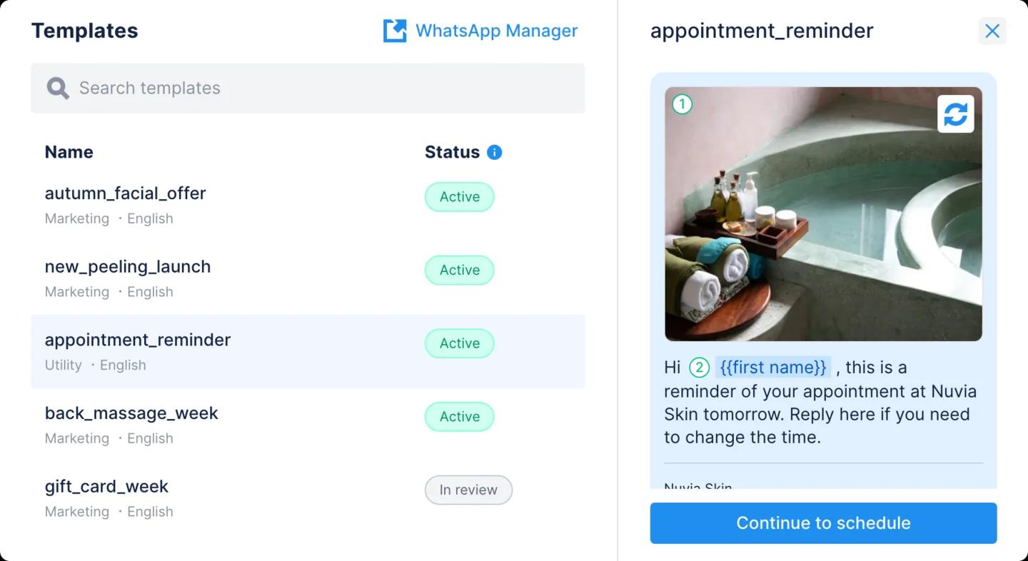 Janela Nova transmissão em Transmissões do Chatfuel com a lista de modelos do WhatsApp aprovados e a prévia do modelo Utility lembrete_agendamento