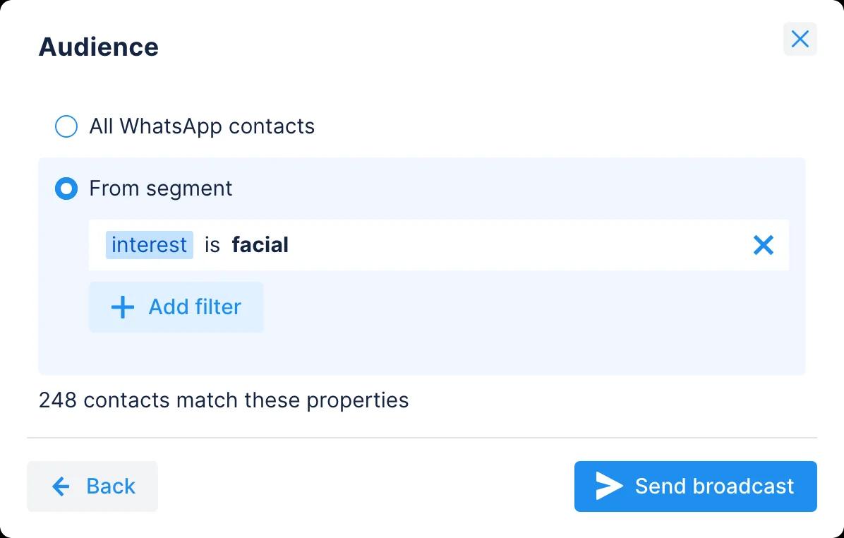 Paso de audiencia de una nueva difusión en Chatfuel con un filtro de segmento y el número de contactos de WhatsApp que coinciden