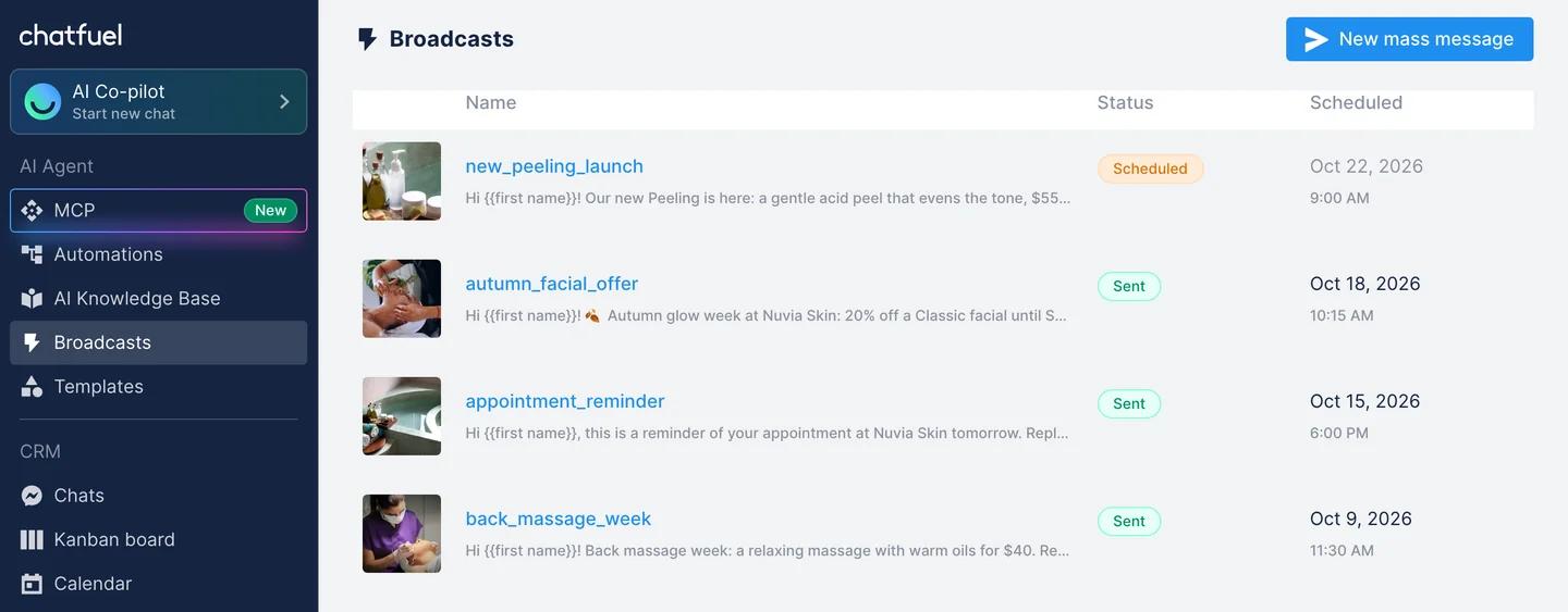 Broadcasts page in Chatfuel with sent and scheduled WhatsApp broadcasts, each with its template, status and send time
