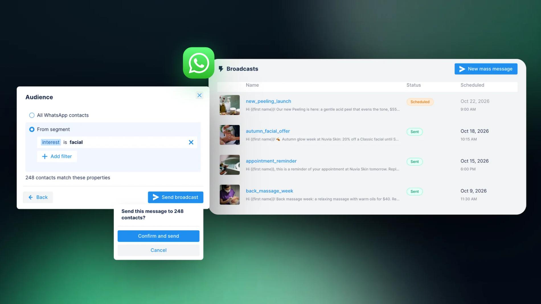 Chatfuel Broadcasts page with sent and scheduled WhatsApp template broadcasts, next to the audience step that sends a broadcast to a segment of contacts