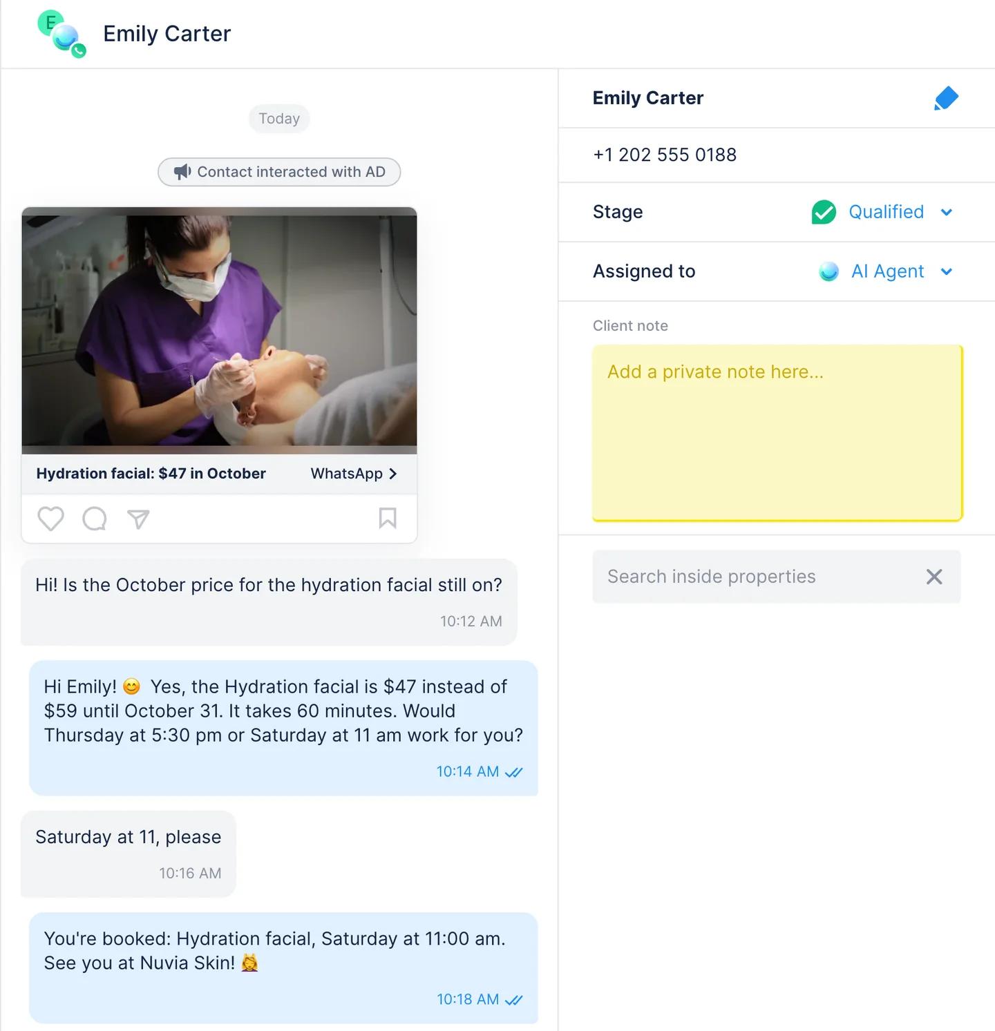 WhatsApp chat in Chatfuel that started from a click-to-WhatsApp ad, answered and booked by AI Agent