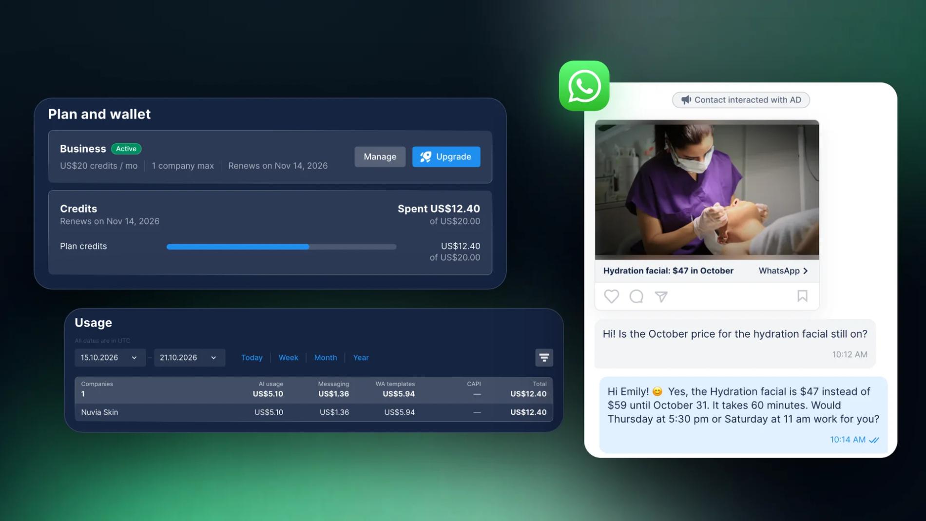 Chatfuel Plan and wallet and Usage screens showing AI and WhatsApp costs on one bill, next to a WhatsApp chat from a click-to-WhatsApp ad