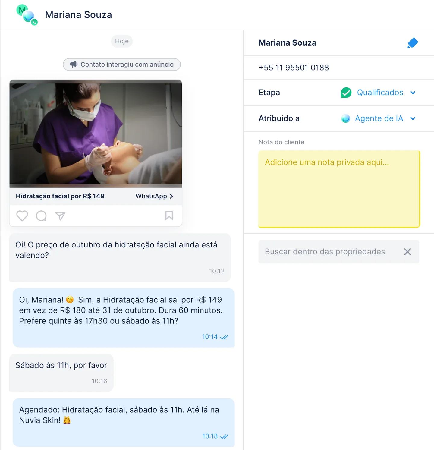 Conversa de WhatsApp na Chatfuel iniciada por um anúncio de clique para o WhatsApp, respondida e agendada pelo Agente de IA