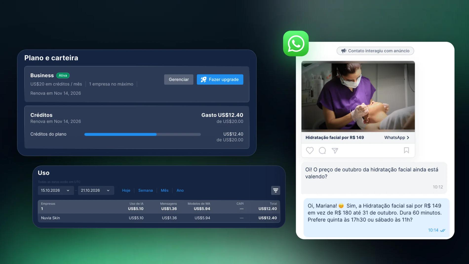 Telas Plano e carteira e Uso da Chatfuel com os custos de IA e WhatsApp em uma só fatura, ao lado de uma conversa de WhatsApp vinda de um anúncio de clique para o WhatsApp