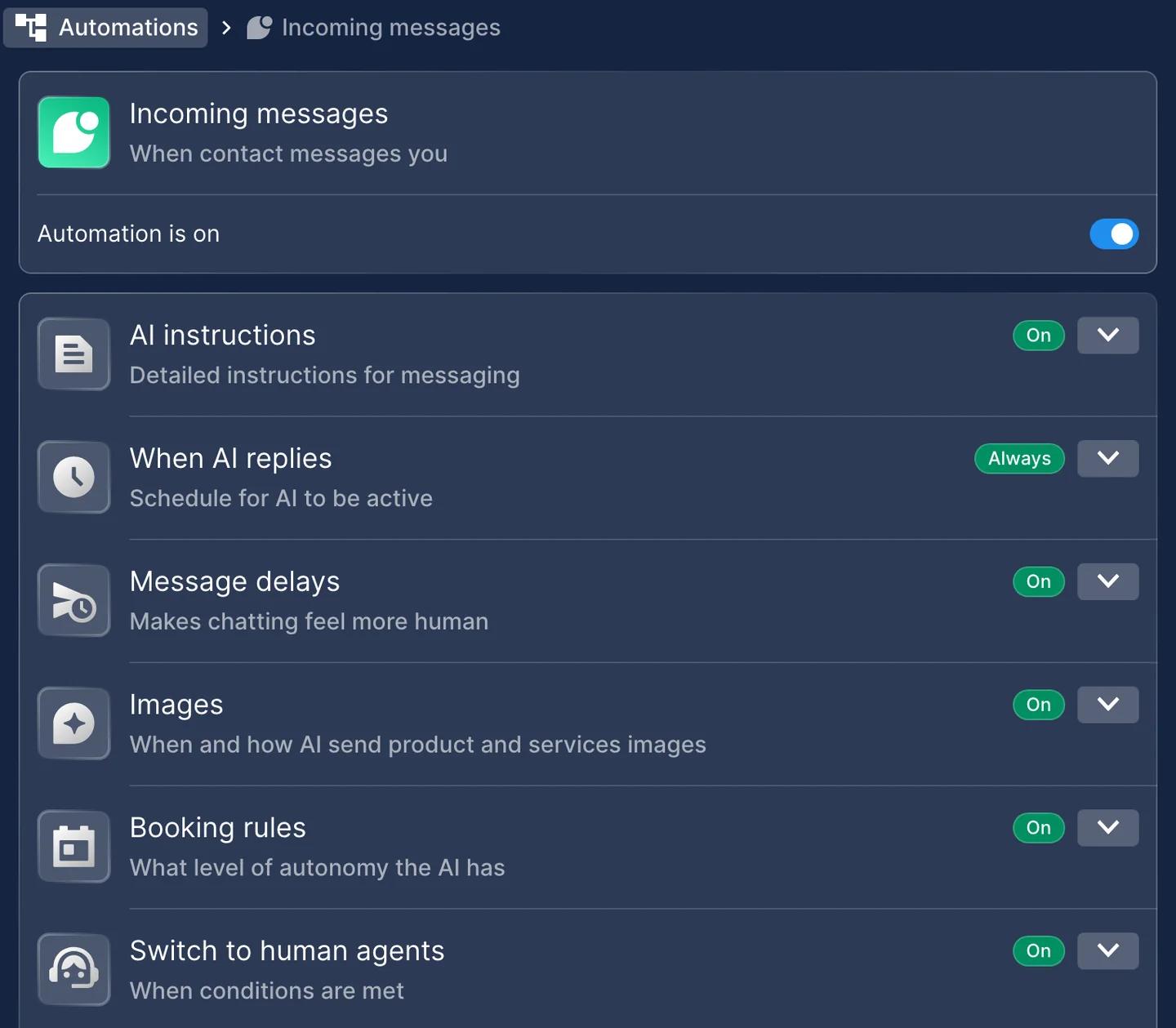 Automatización Mensajes entrantes de WhatsApp activada en Chatfuel, con Instrucciones de IA, Cuándo responde la IA en Siempre, Reglas de reserva y Cambiar a agentes humanos
