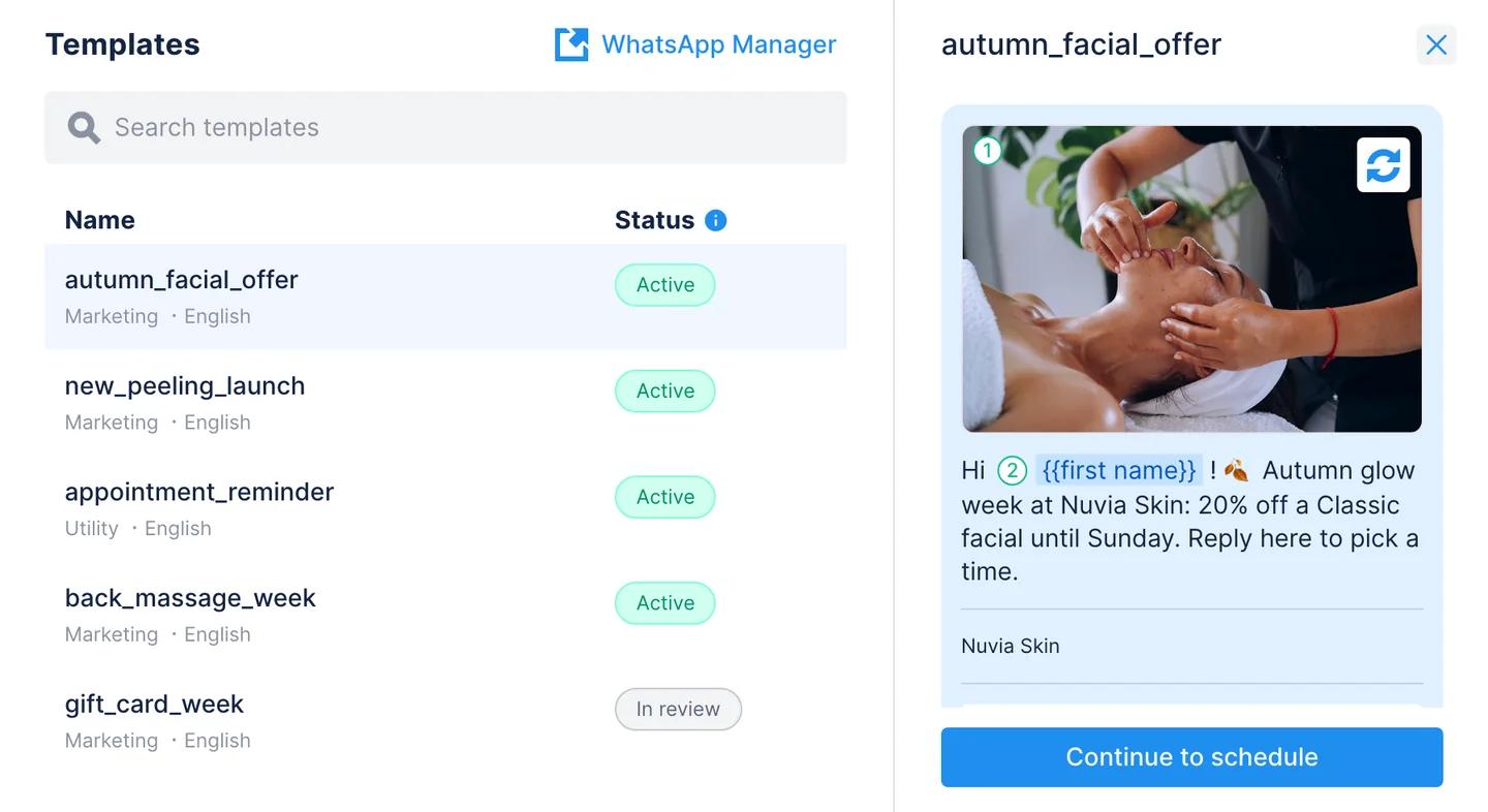 Nuevos mensajes de difusión en Chatfuel: lista de plantillas de WhatsApp con estados Activo y En revisión y la vista previa de la plantilla oferta_facial_otono