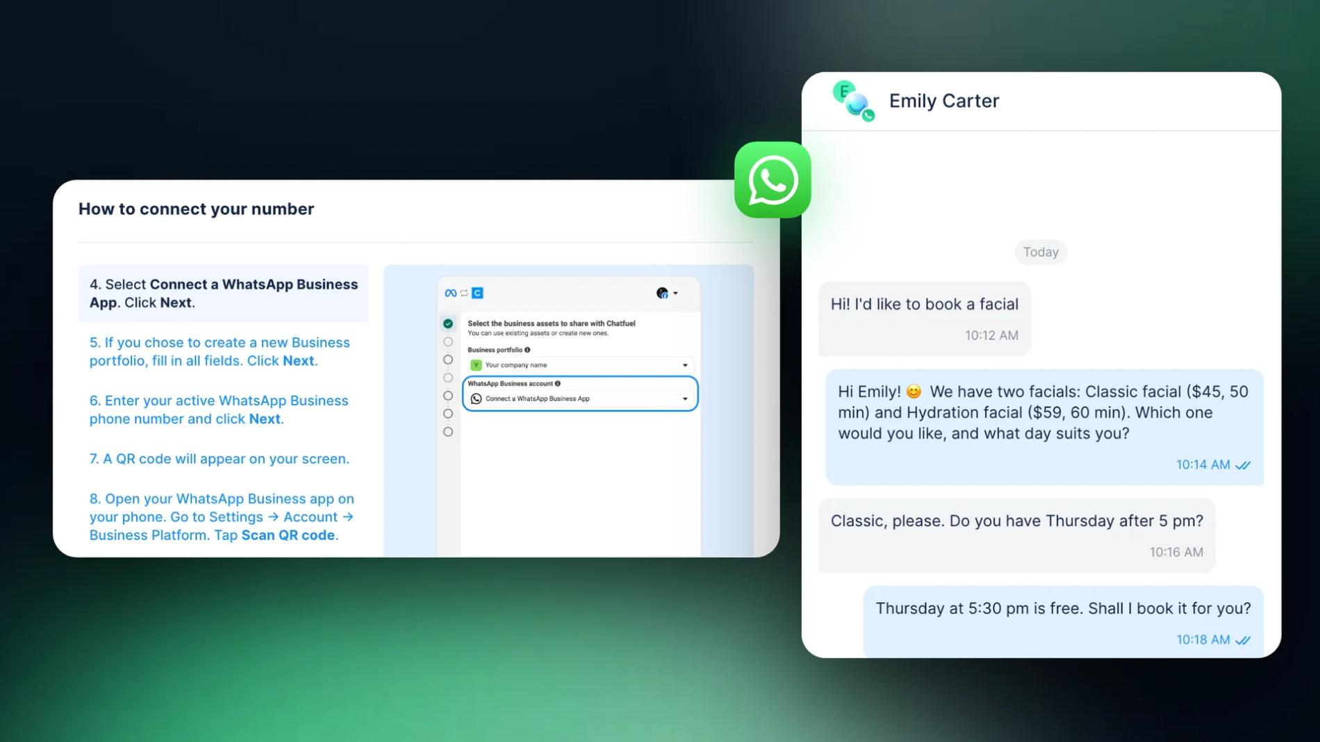Ventana Cómo conectar tu número de Chatfuel con el paso Conecta una app de WhatsApp Business, junto a un chat de WhatsApp en Chatfuel donde el Agente de IA reserva un facial