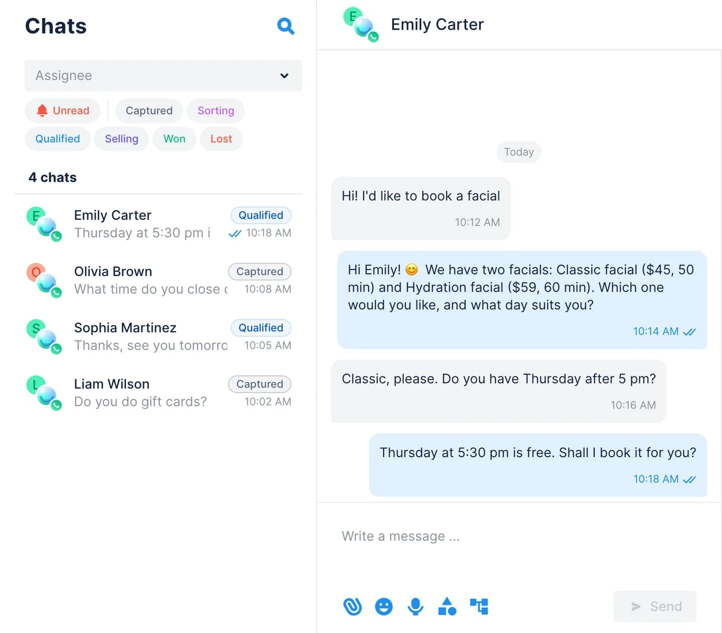 Chatfuel Chats with four WhatsApp conversations and a chat where the AI Agent offers two facials with prices and books Thursday at 5:30 pm