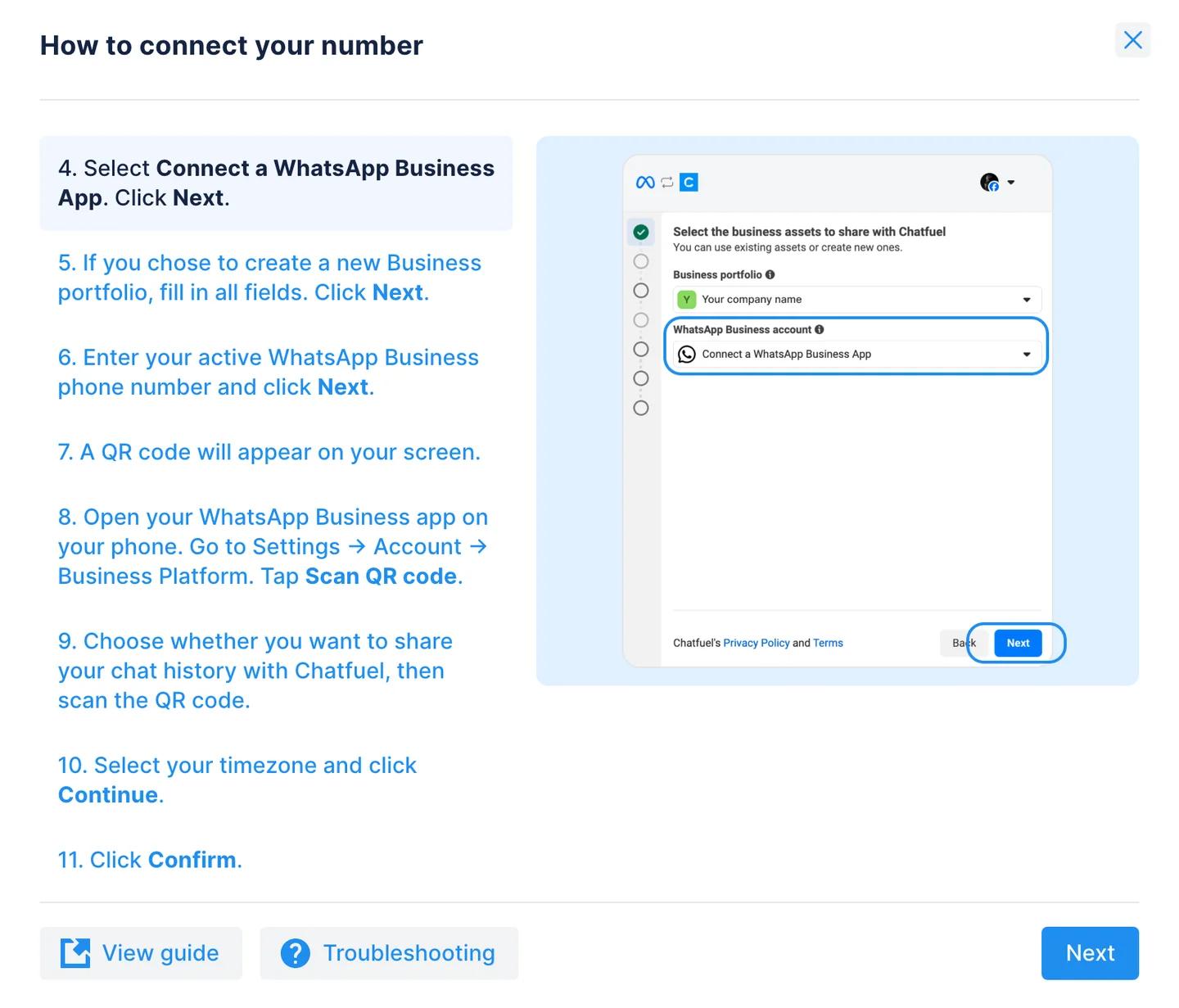 How to connect your number window in Chatfuel settings with step 4 selected: Select Connect a WhatsApp Business App, next to Meta's screen with that option