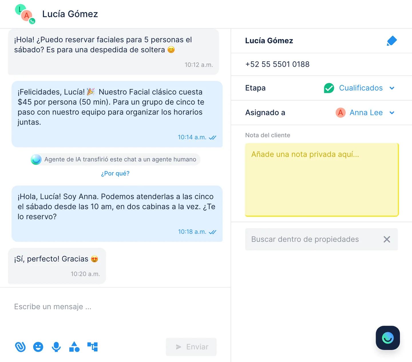 Conversación de WhatsApp en Chats de Chatfuel: el Agente de IA responde, transfiere el chat a un agente humano y la compañera Anna responde; Asignado a muestra Anna Lee