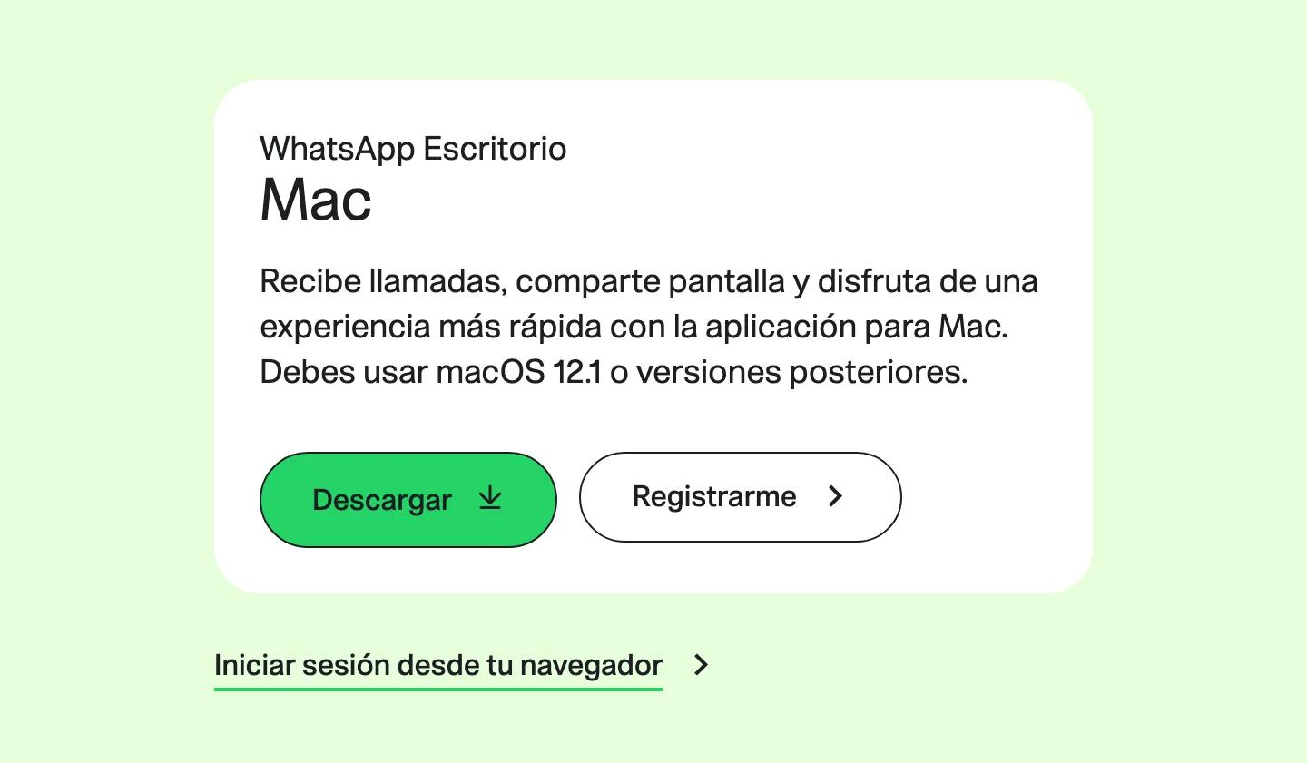 Página de descarga de WhatsApp para Mac: llamadas, compartir pantalla y una experiencia más rápida, requiere macOS 12.1 o posterior, botón Descargar