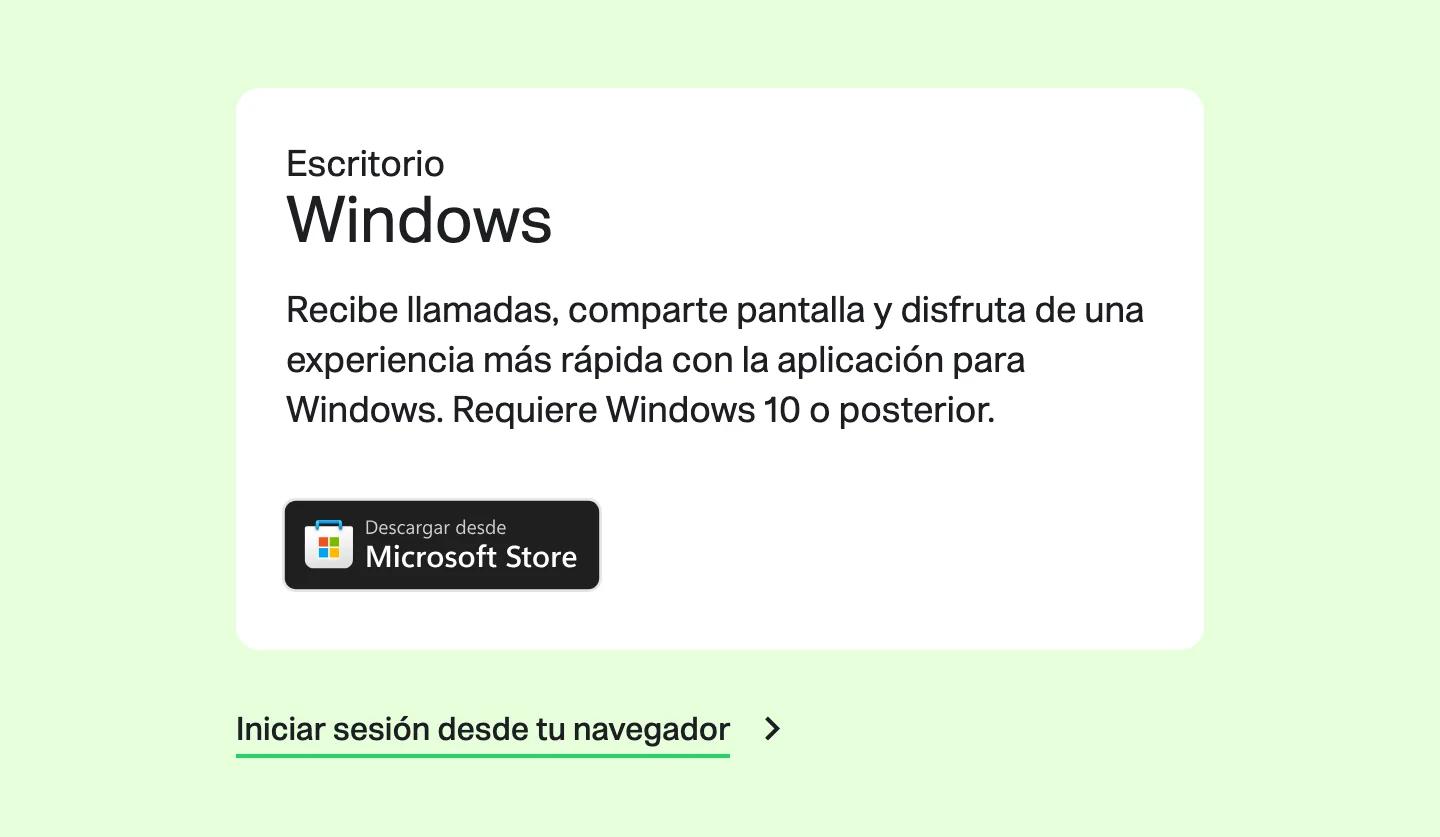 Página de descarga de WhatsApp para Windows: llamadas, compartir pantalla y una experiencia más rápida, requiere Windows 10 o posterior, botón Descargar desde Microsoft Store