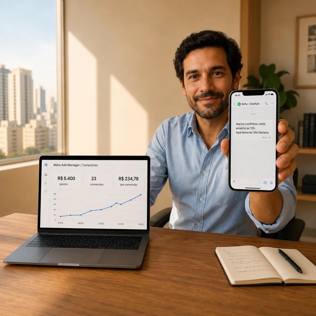 Corretor acompanhando os leads do anúncio no WhatsApp e o painel de Meta Ads