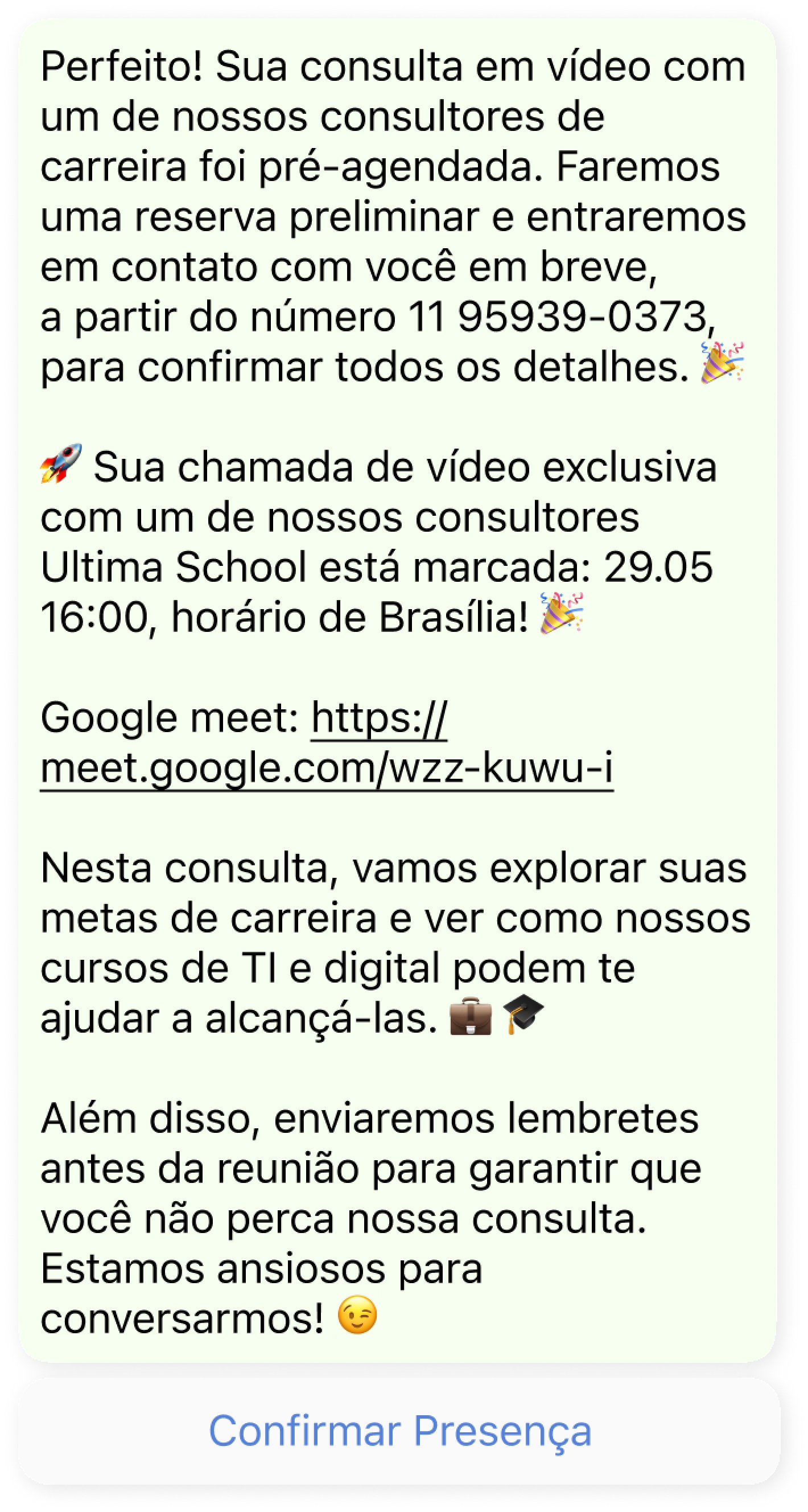 Um bot WhatsApp do ChatGPT agenda uma reunião com um consultor de carreira.