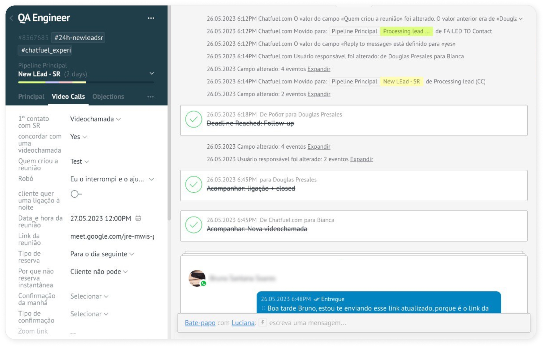 Chatfuel crea una tarea con una cita en CRM para un experto en carreras.