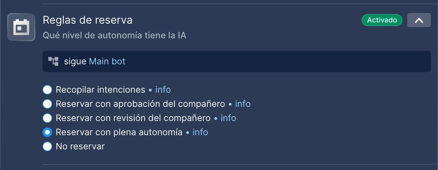 Automatizaciones de Chatfuel, ajuste Reglas de reserva: Recopilar intenciones, Reservar con aprobación del compañero, Reservar con revisión del compañero, Reservar con plena autonomía (seleccionada) y No reservar