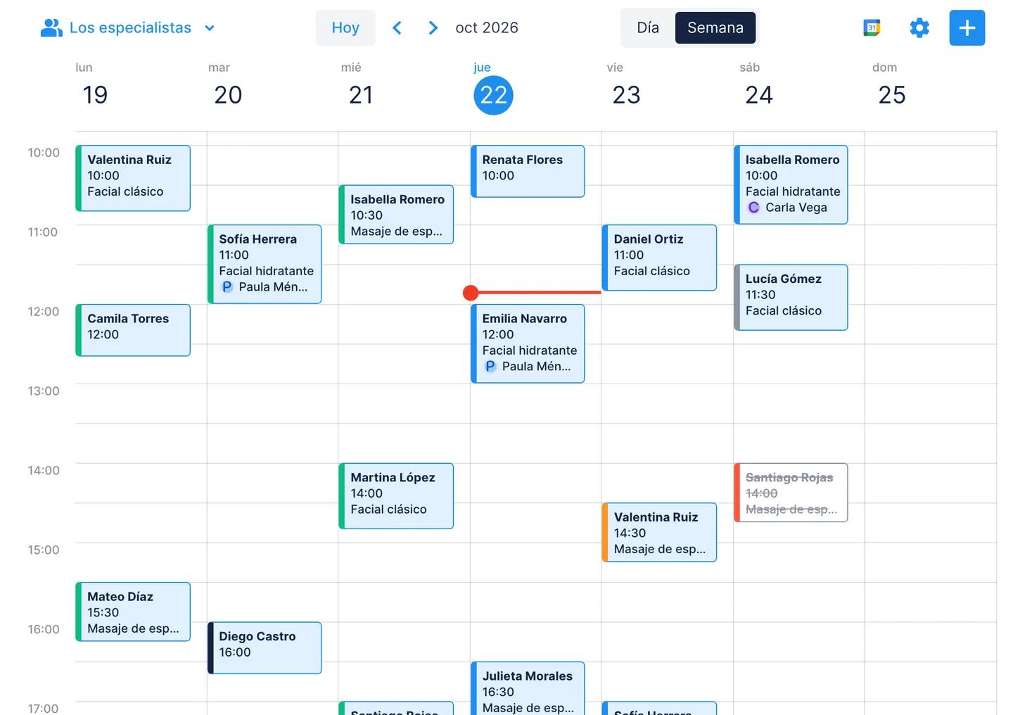 Calendario de Chatfuel en vista semanal con todos los especialistas: faciales y masajes de lunes a sábado, con el Facial clásico de Lucía Gómez el sábado a las 11:30 todavía sin confirmar