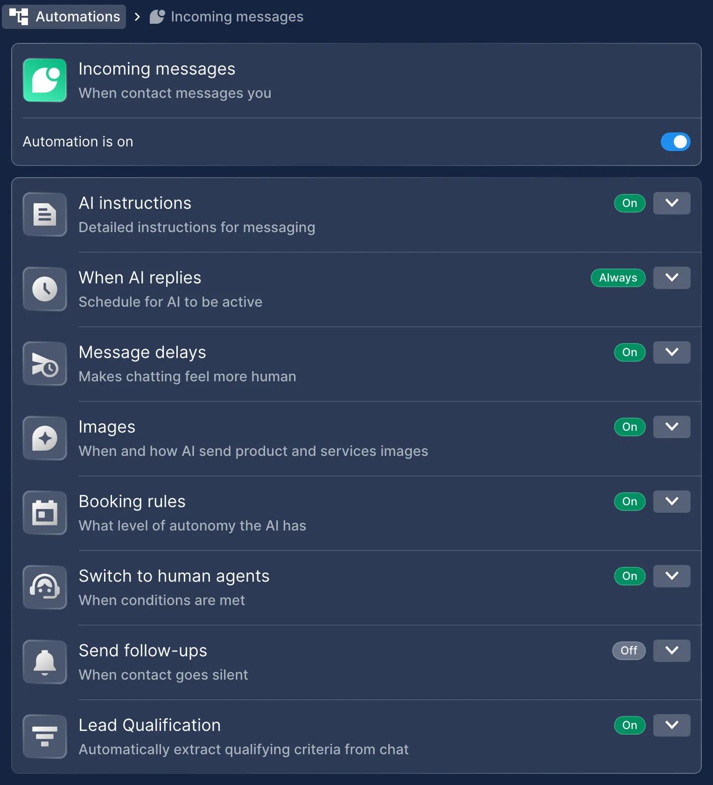 Chatfuel WhatsApp Incoming messages automation, turned on, with its settings: AI instructions, When AI replies set to Always, Message delays, Images, Booking rules, Switch to human agents, Send follow-ups turned off and Lead Qualification