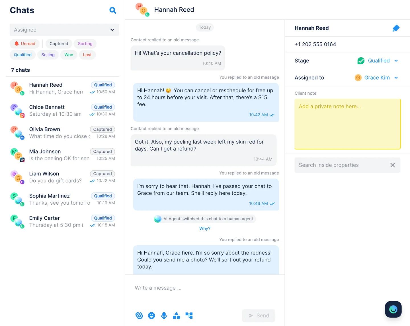 Chatfuel Chats: a WhatsApp chat where the AI Agent answers a question about the cancellation policy, the customer asks for a refund, the AI Agent switches the chat to a human agent and Grace from the team replies; the contact card shows the Qualified stage and Grace Kim as the assignee