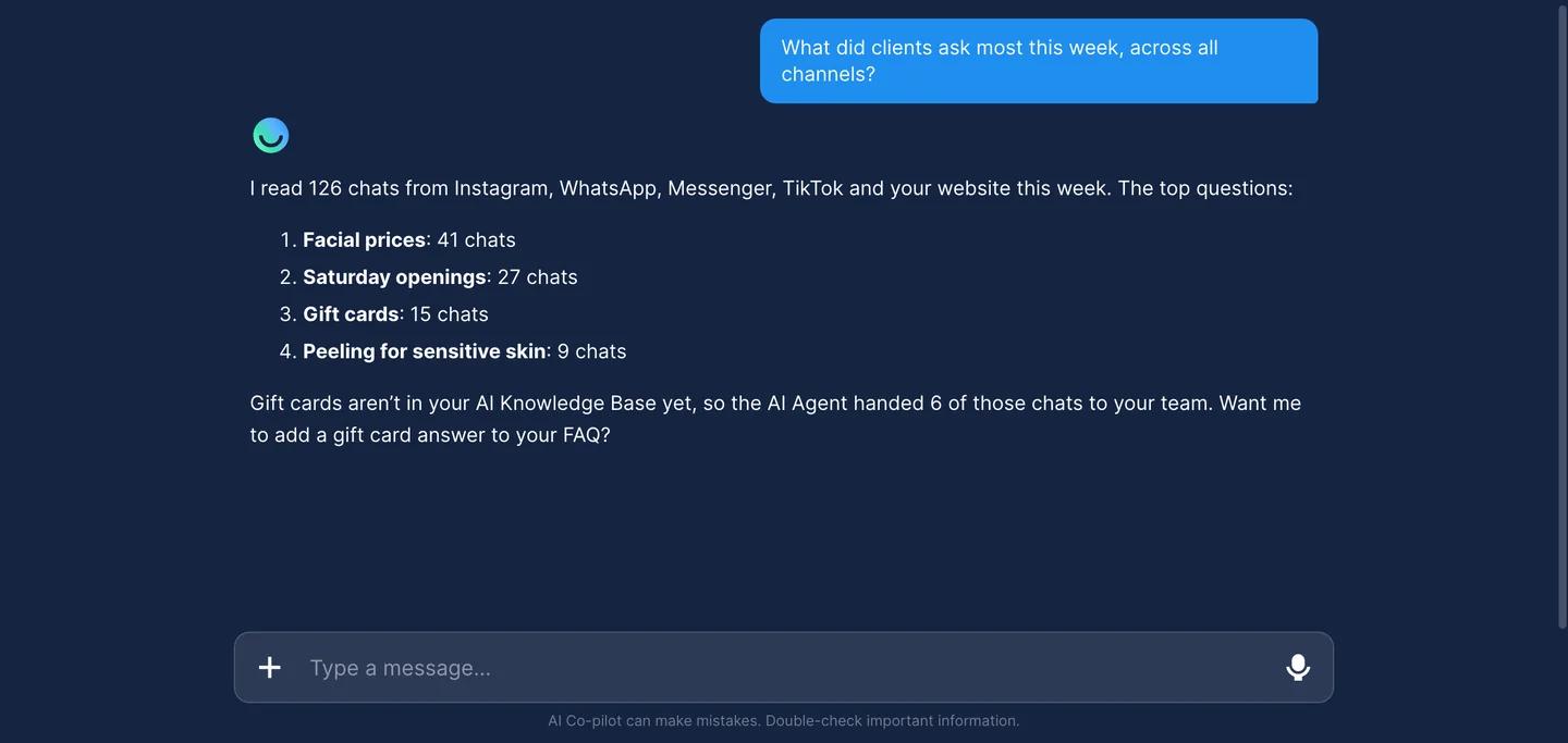 AI Co-pilot chat: asked what clients asked most this week across all channels, it lists facial prices, Saturday openings, gift cards and peeling for sensitive skin with chat counts, and offers to add a missing gift card answer to the FAQ