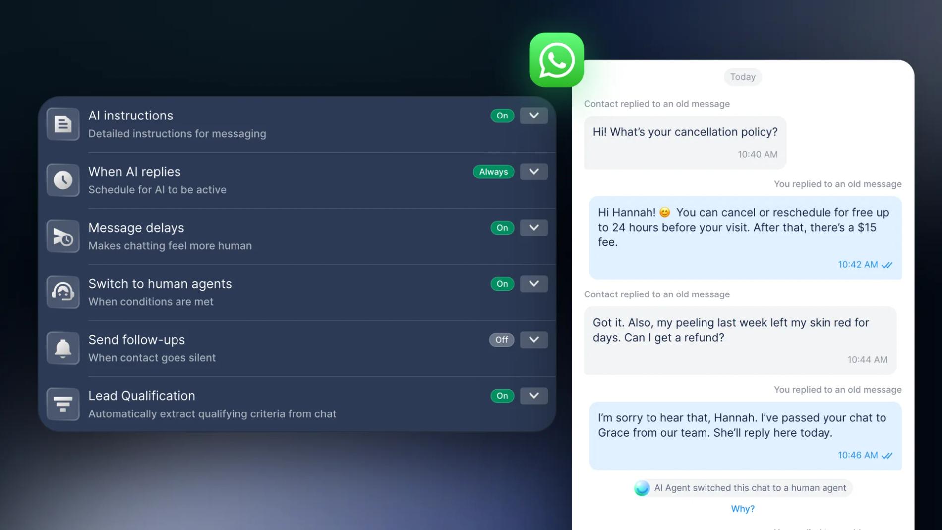 Chatfuel settings for WhatsApp incoming messages with AI instructions, Message delays and Switch to human agents turned on, next to a WhatsApp chat where the AI Agent answers from the FAQ and hands a refund request to a teammate
