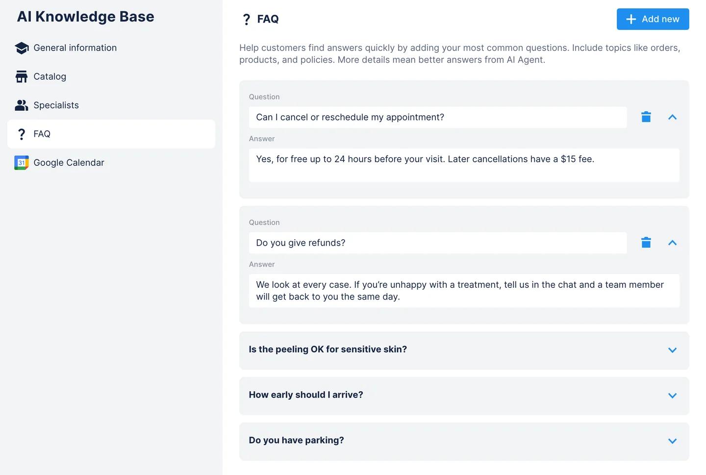Chatfuel AI Knowledge Base, FAQ section: the questions about cancelling or rescheduling an appointment and about refunds are open with one-line answers, below them more salon questions about peeling for sensitive skin, arrival time and parking