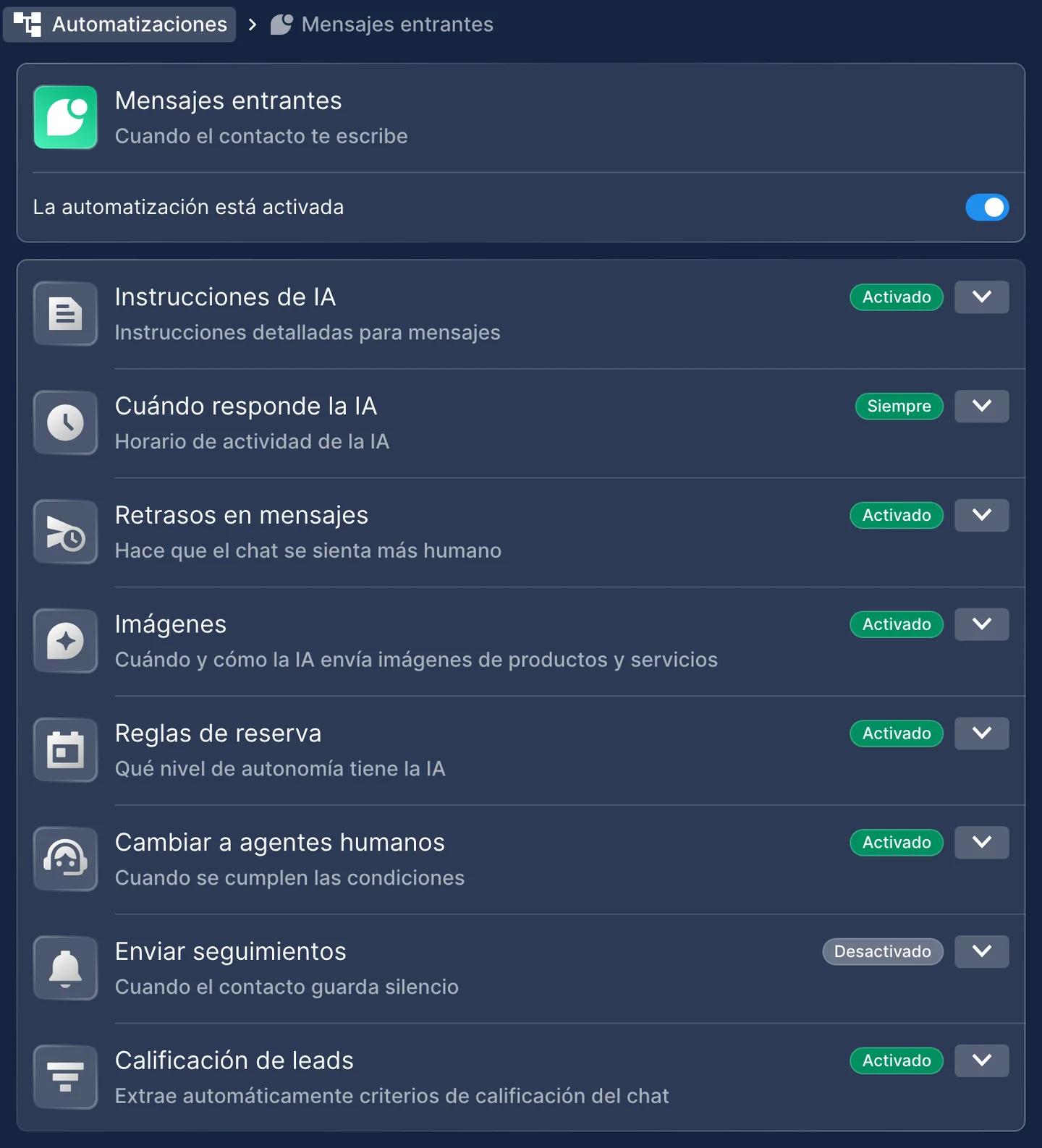 Automatización Mensajes entrantes de WhatsApp en Chatfuel, activada, con sus ajustes: Instrucciones de IA, Cuándo responde la IA en Siempre, Retrasos en mensajes, Imágenes, Reglas de reserva, Cambiar a agentes humanos, Enviar seguimientos desactivado y Calificación de leads