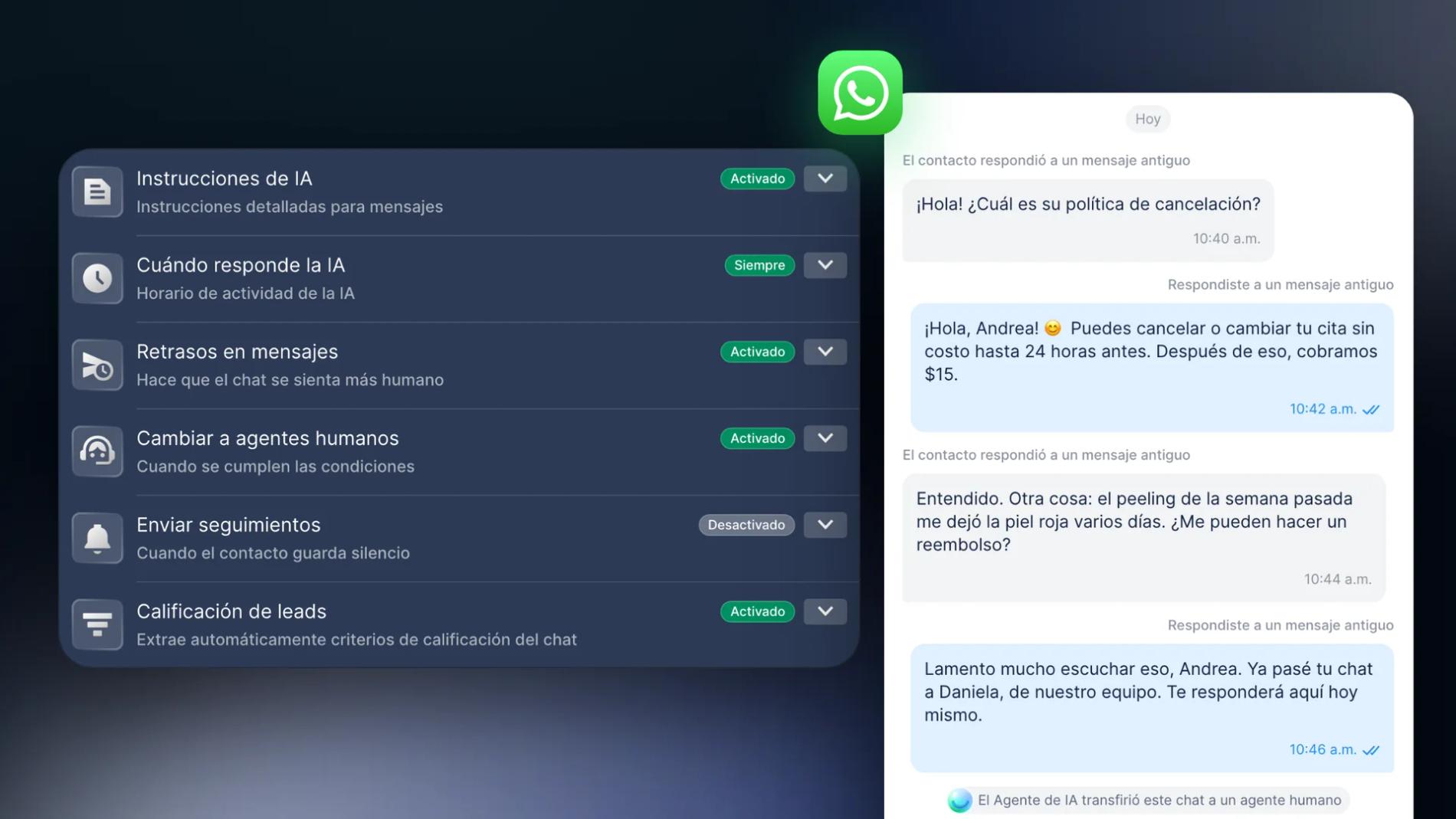 Configuración de Chatfuel para los mensajes entrantes de WhatsApp con Instrucciones de IA, Retrasos en mensajes y Cambiar a agentes humanos activados, junto a un chat de WhatsApp donde el Agente de IA responde desde las preguntas frecuentes y pasa un pedido de reembolso a una compañera