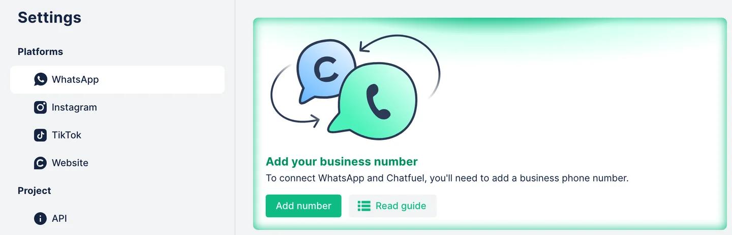 Chatfuel Settings with WhatsApp selected and the Add your business number card with the Add number and Read guide buttons