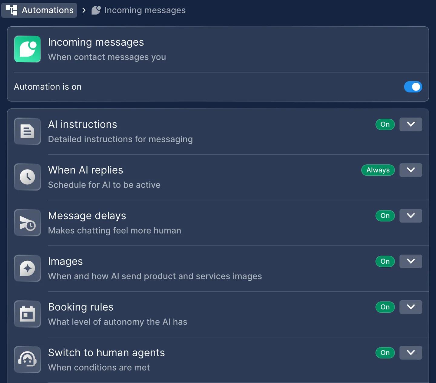 WhatsApp Incoming messages automation in Chatfuel turned on, with AI instructions, When AI replies set to Always, Message delays, Images, Booking rules and Switch to human agents