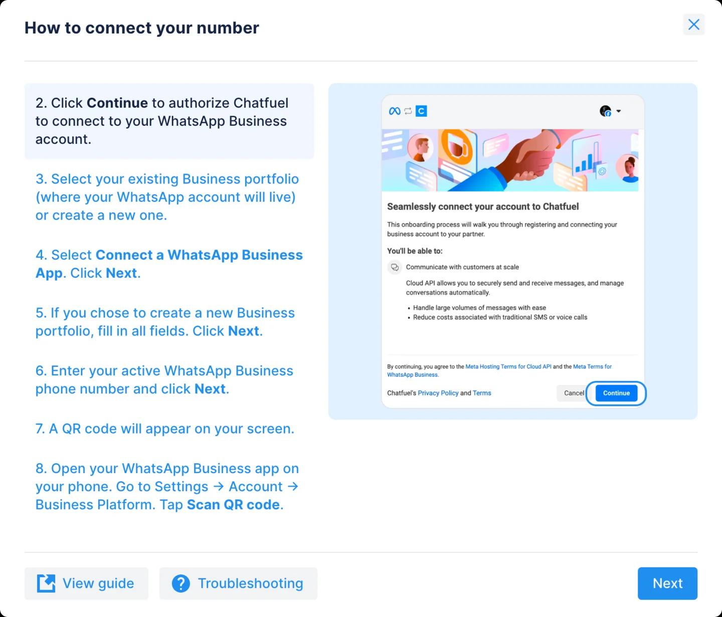 How to connect your number window in Chatfuel with step 2 selected: click Continue to authorize Chatfuel, next to Meta's Seamlessly connect your account to Chatfuel screen
