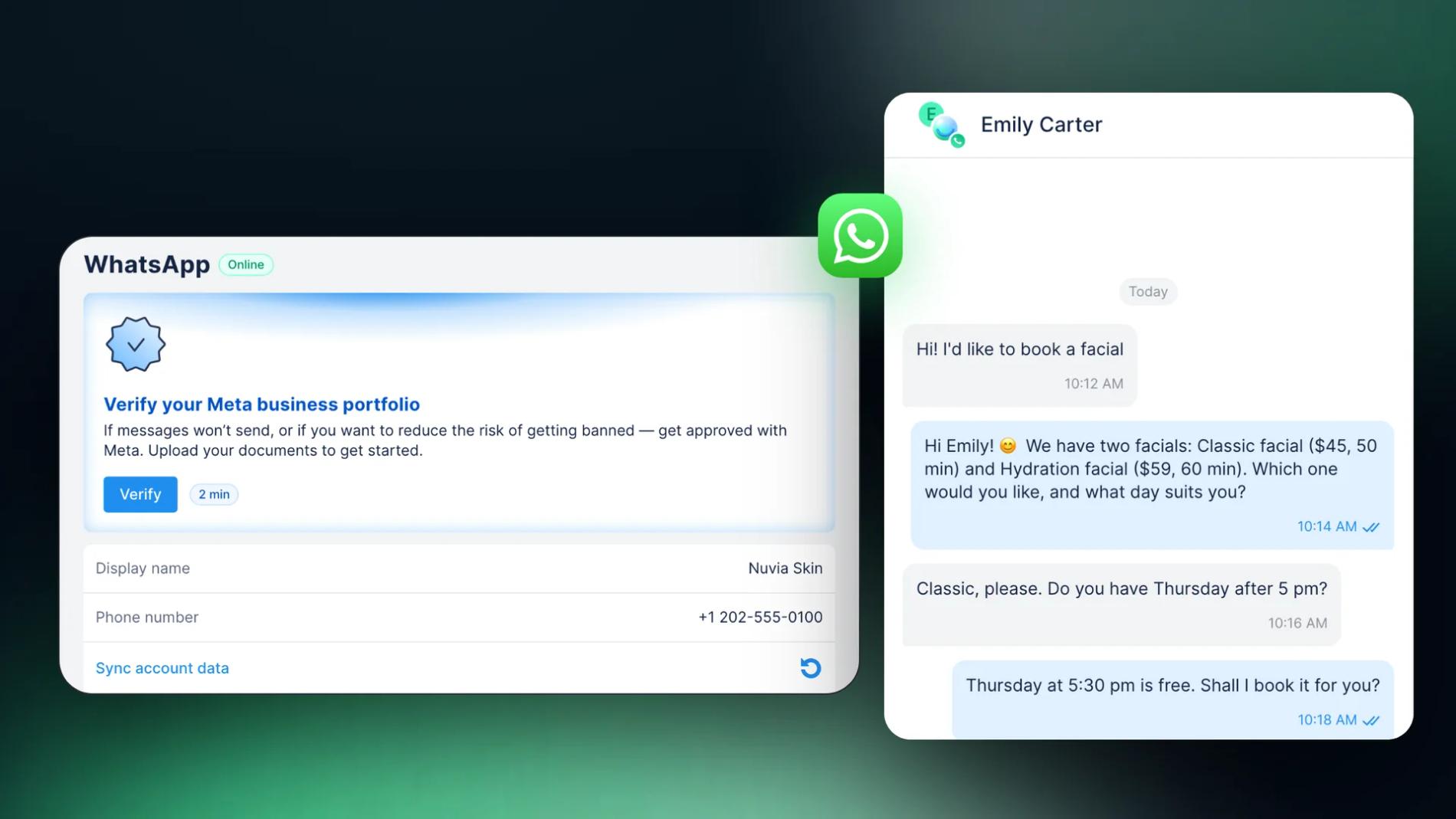 Chatfuel's WhatsApp settings with a connected number and the Verify your Meta business portfolio card, next to a WhatsApp chat where the AI Agent books a facial