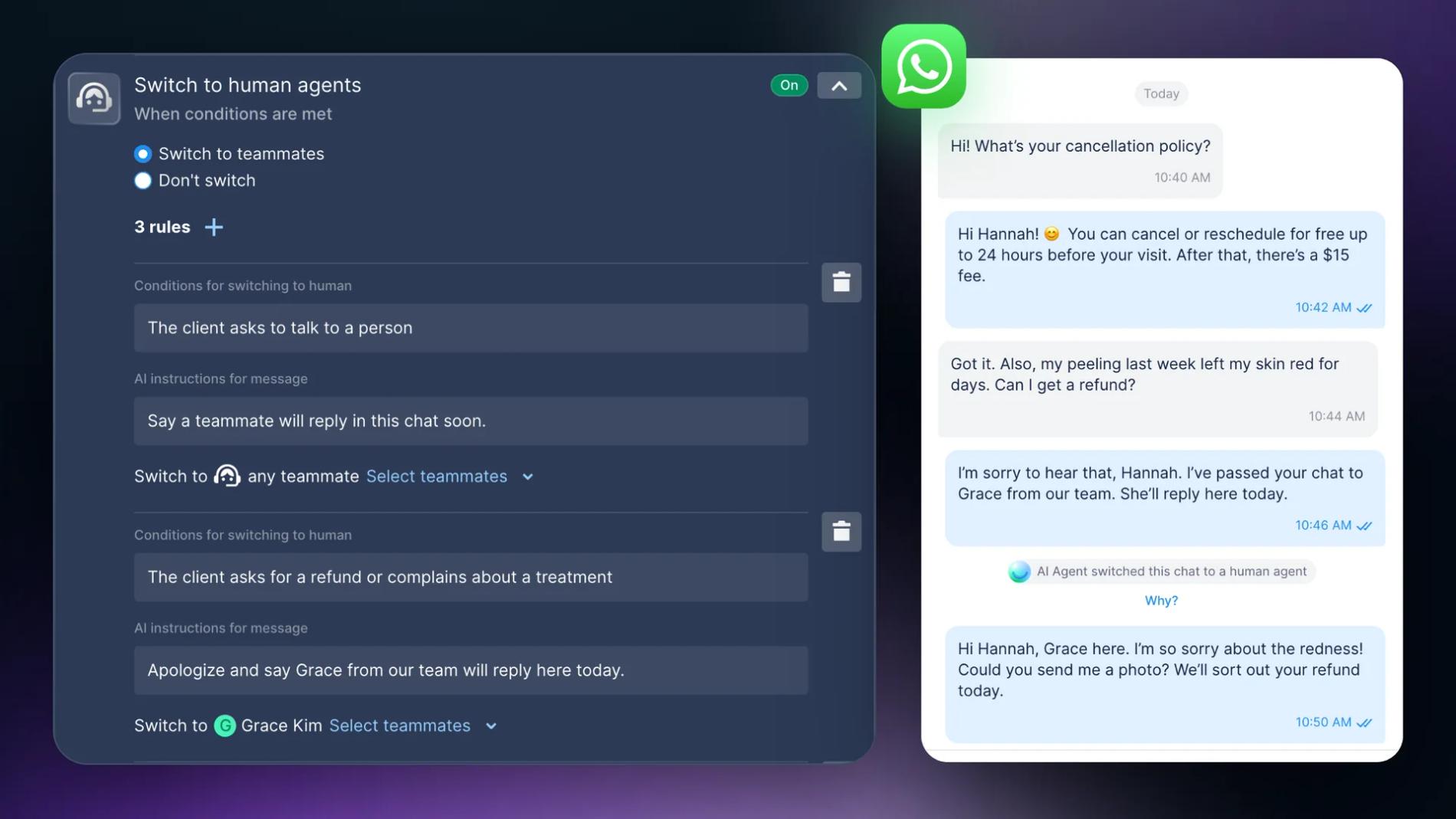 Chatfuel Switch to human agents rules sending refund requests to a teammate, next to a WhatsApp chat where the AI Agent answers the cancellation policy and then hands the refund request to Grace from the team