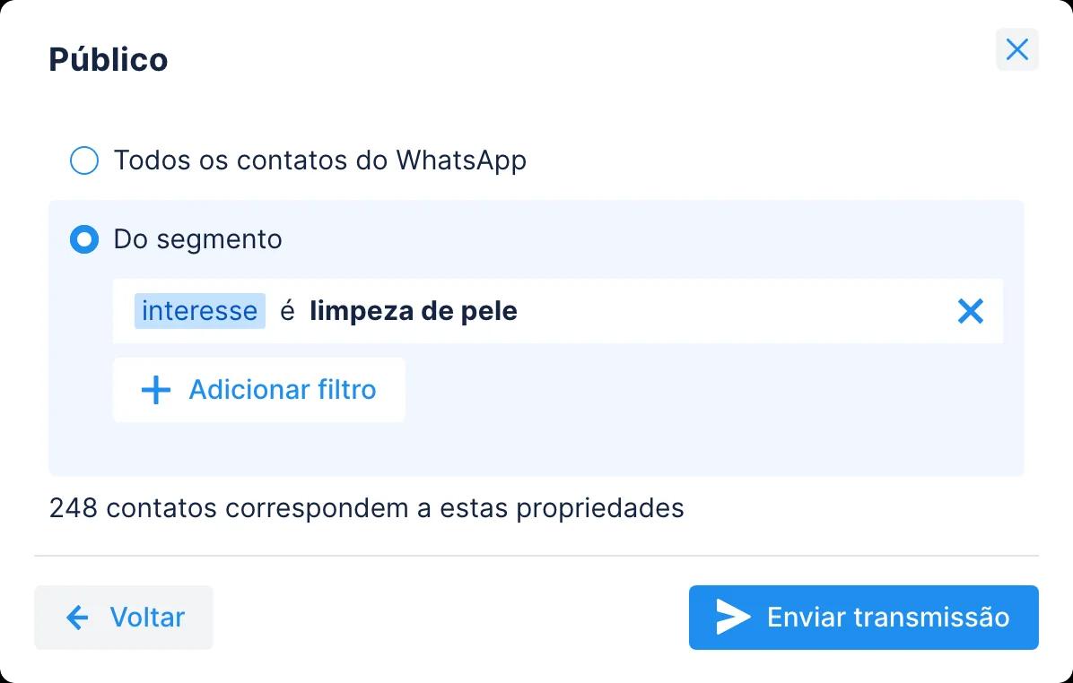 Etapa de público de uma nova transmissão no Chatfuel com um filtro de segmento e o número de contatos do WhatsApp correspondentes