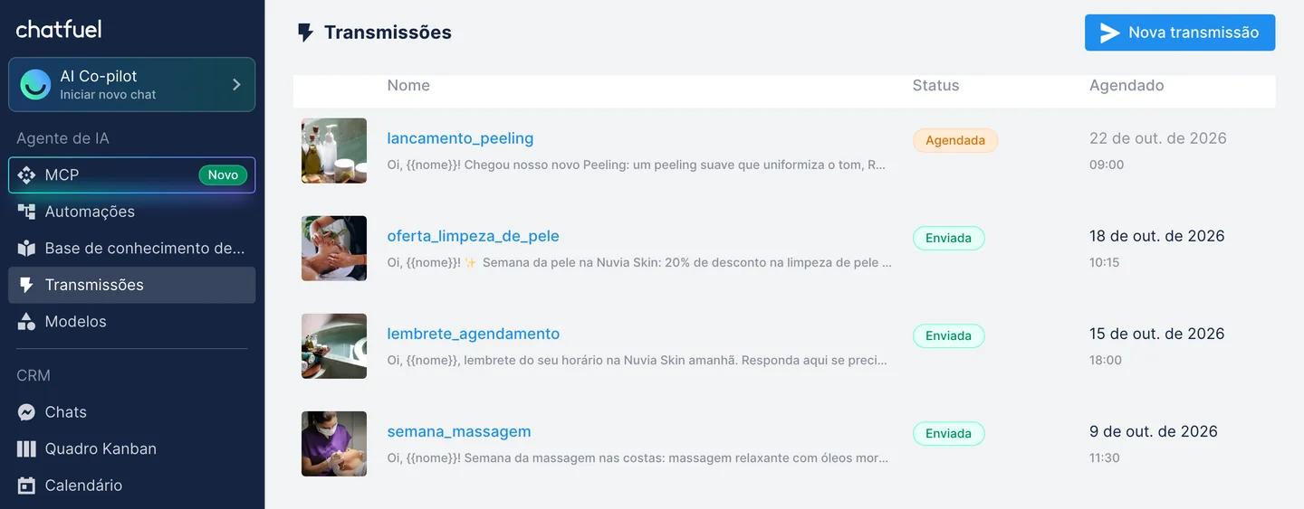 Página Transmissões no Chatfuel com transmissões do WhatsApp enviadas e agendadas, cada uma com seu modelo, status e horário de envio