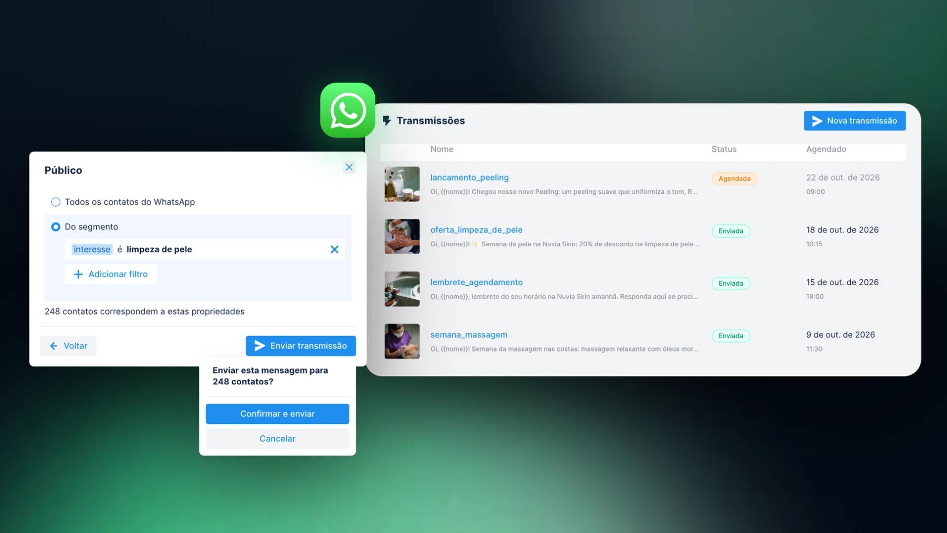 Página Transmissões do Chatfuel com transmissões de modelos do WhatsApp enviadas e agendadas, ao lado da etapa de público que envia uma transmissão para um segmento de contatos