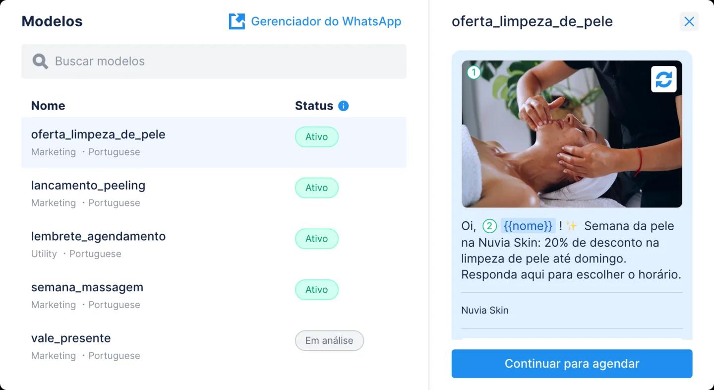 Etapa de modelo de uma nova transmissão no Chatfuel: a lista de modelos do WhatsApp aprovados com categoria e idioma e a prévia do modelo escolhido