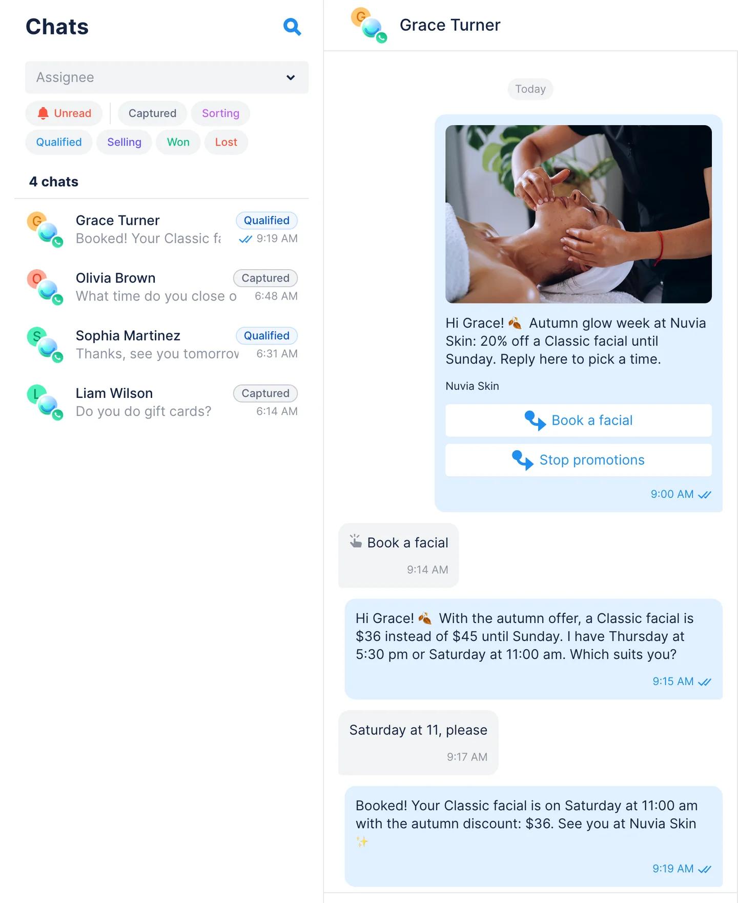 Chats de Chatfuel con una conversación de WhatsApp: la oferta de facial de otoño con foto, la clienta toca Reservar facial y el Agente de IA agenda el sábado a las 11:00 con descuento