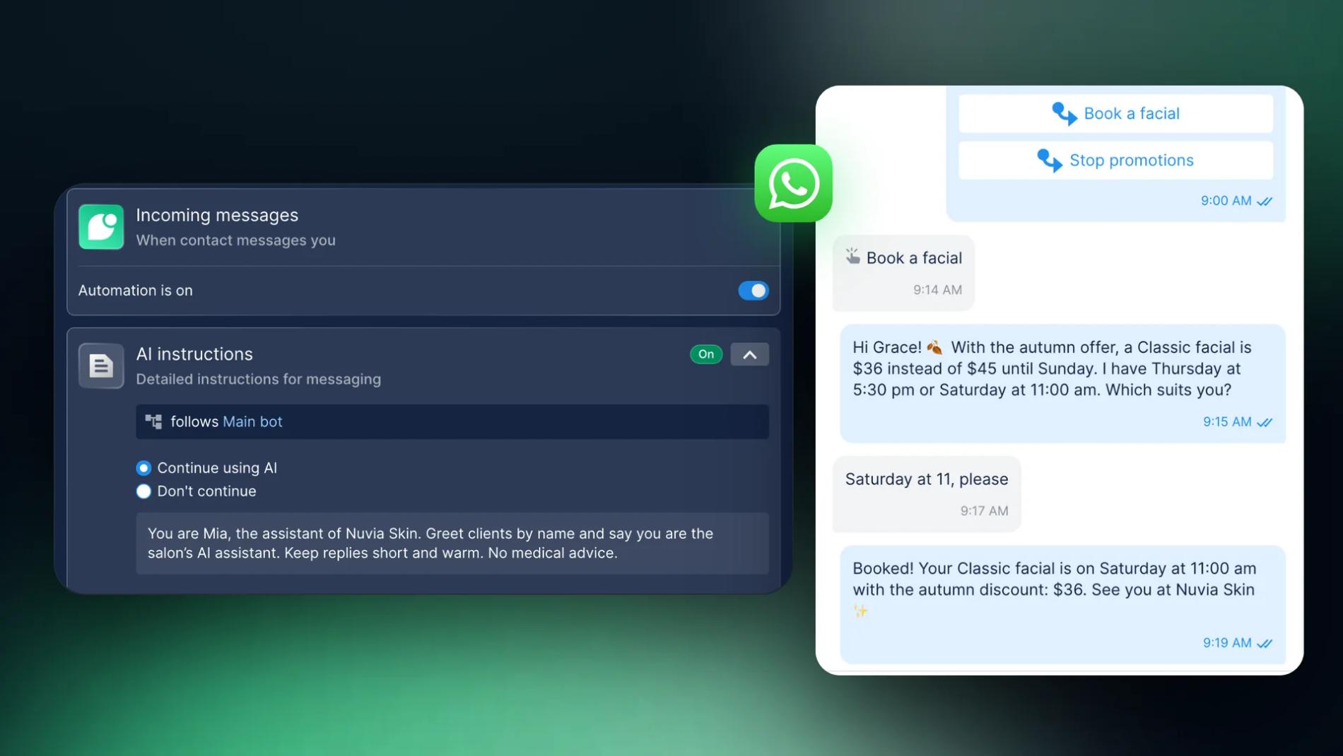Automatización Mensajes entrantes de WhatsApp en Chatfuel con las instrucciones de IA activadas, junto a un chat de WhatsApp donde una clienta toca Reservar facial bajo una oferta y el Agente de IA agenda la cita