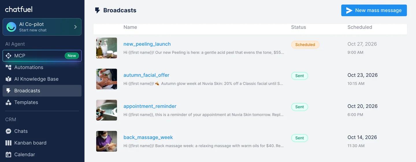 Broadcasts page in Chatfuel with scheduled and sent WhatsApp template broadcasts, each with its template, status and send time
