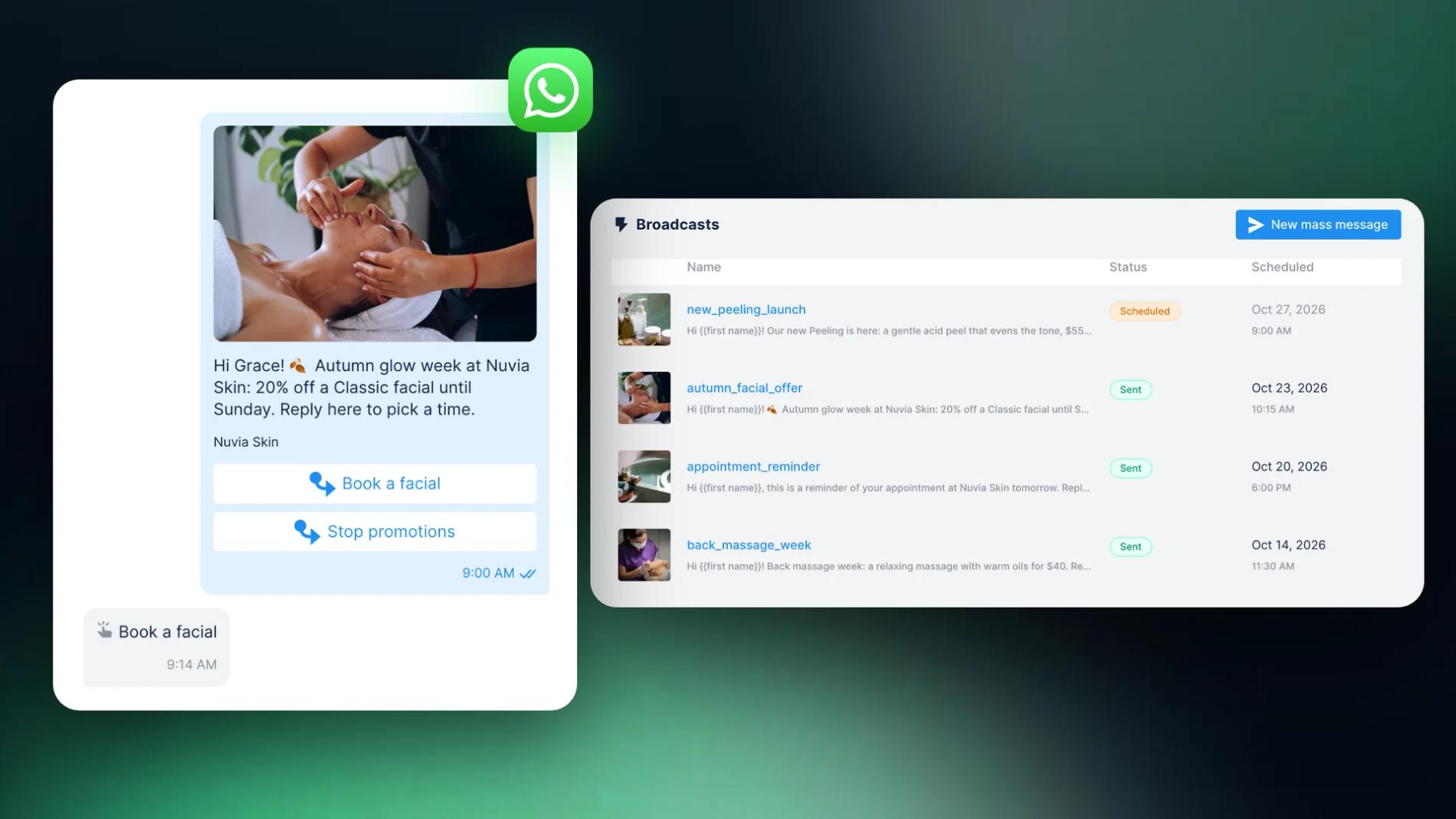 Chatfuel Broadcasts page with scheduled and sent WhatsApp template broadcasts, next to a WhatsApp chat where a client gets the autumn facial offer with a photo and taps Book a facial