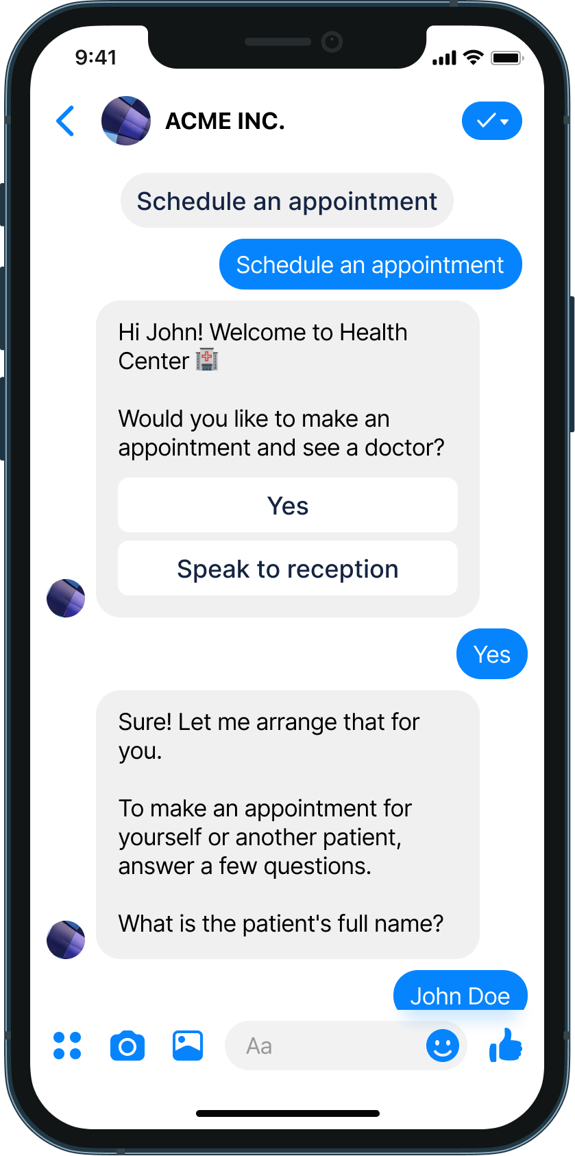 Collecting patient data chatbot example
