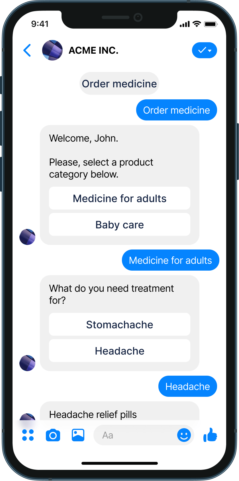 Ordering medicine chatbot example
