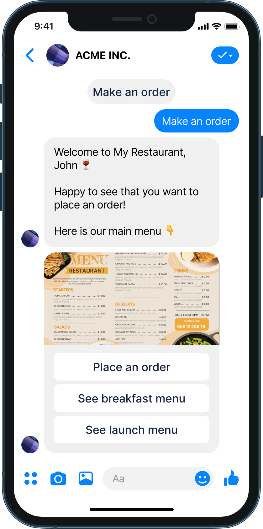 Ordering template for restaurant chatbot example