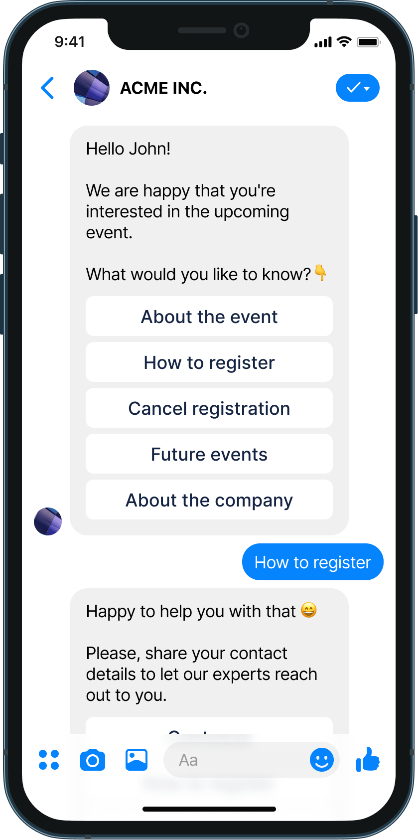 Registration for events chatbot example