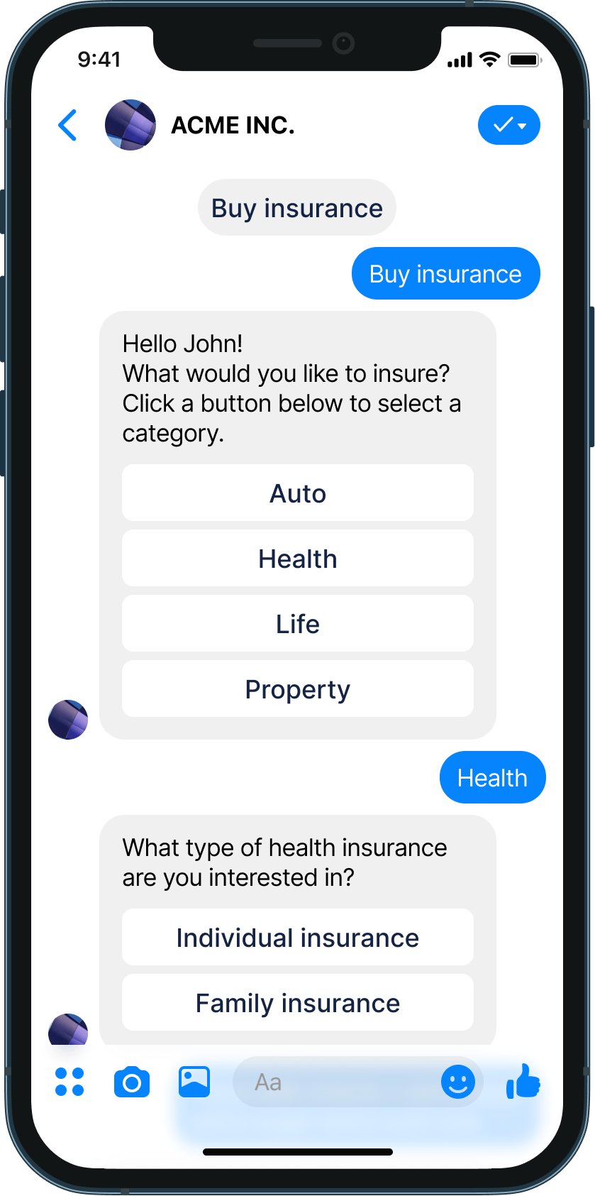 Insurance upsell chatbot example