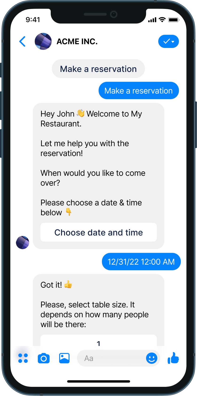 Table ordering in Facebook chatbot example