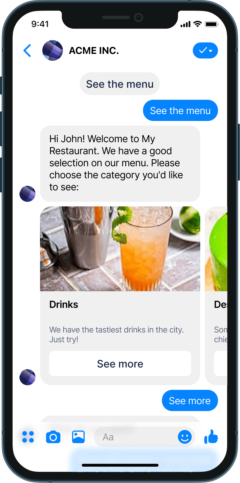 Suggesting menu items chatbot example